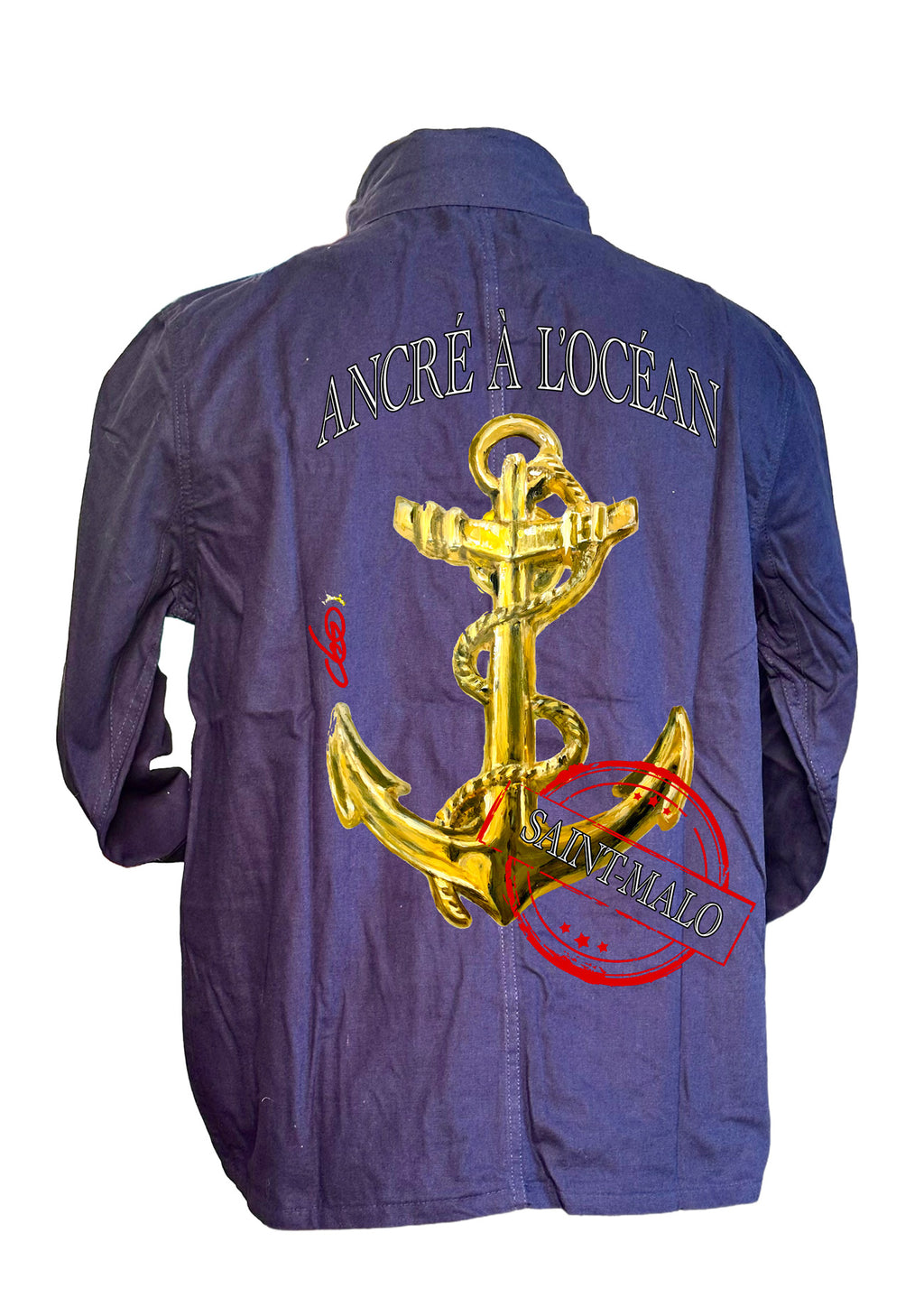 Veste Ancré à l'Océan - Bretagne Saint-Malo - Peinture originale artiste Ondine - Art wearable créateur français - Ancre dorée maritime - Veste Bretagne - Cadeau marin océan - Jacket art Bretagne - Création française Saint-Malo
