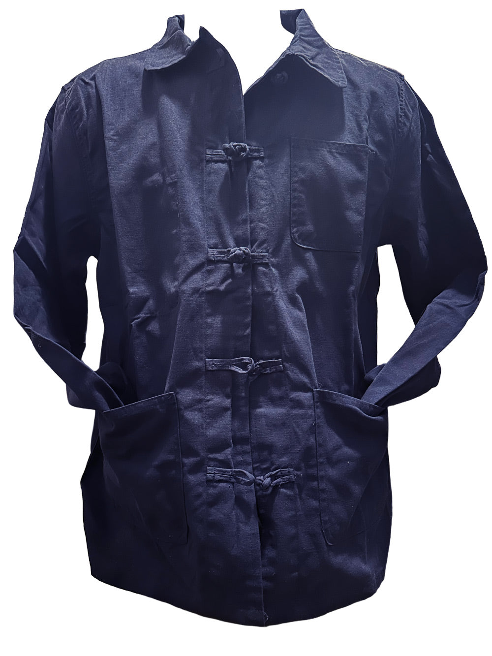 Veste bleu de Chine de O.D.S Marseille vue de face - Créateur français O.D.S - Art wearable peinture originale au dos
