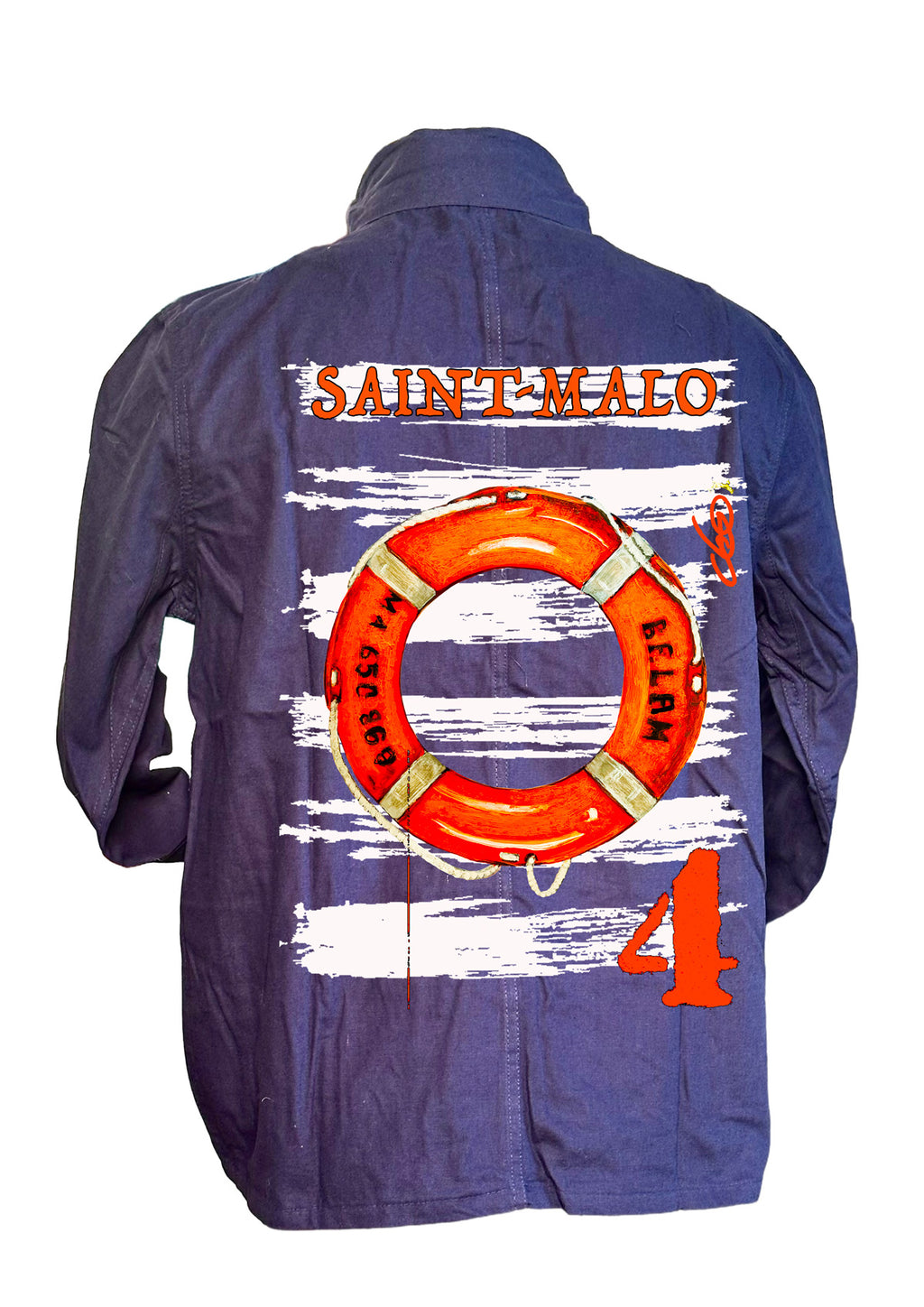 Veste Bouée Belam Saint-Malo - Bel Âme Bretagne - Peinture originale artiste Ondine - Art wearable créateur français - Bouée bateau maritime - Veste Saint-Malo - Cadeau Bretagne mer - Jacket art maritime - Création française Bretagne
