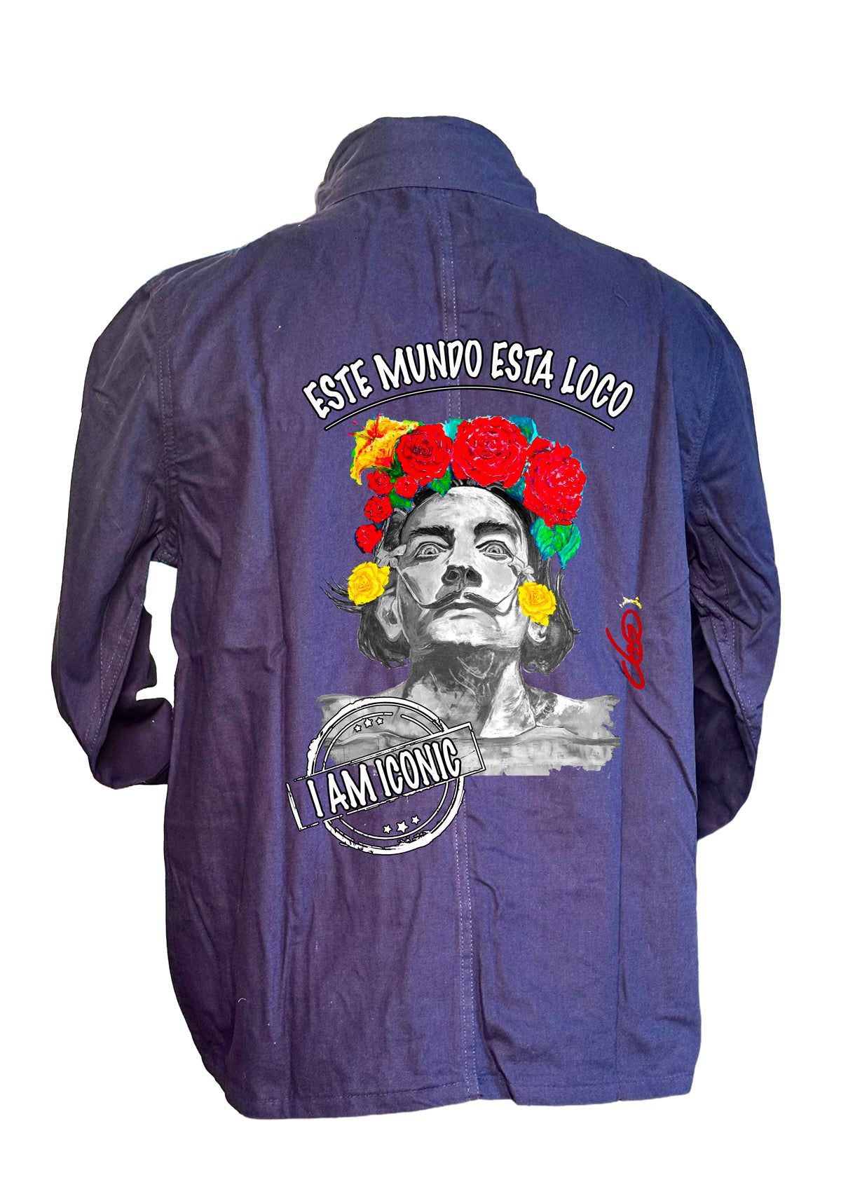 Veste Salvador Dalí Este Mundo Está Loco - Portrait pop art premium créateur français ODS - Moustache iconique et roses rouges - Peinture originale imprimée sur textile
