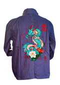 Veste Bleu de Chine marine - Dragon japonais turquoise peint à la main - Fleurs de cerisier, lotus blanc, idéogramme 龙 - Créateur français de la marque ODS - Pièce signée par l'artiste Ondine Devis Steinmetz