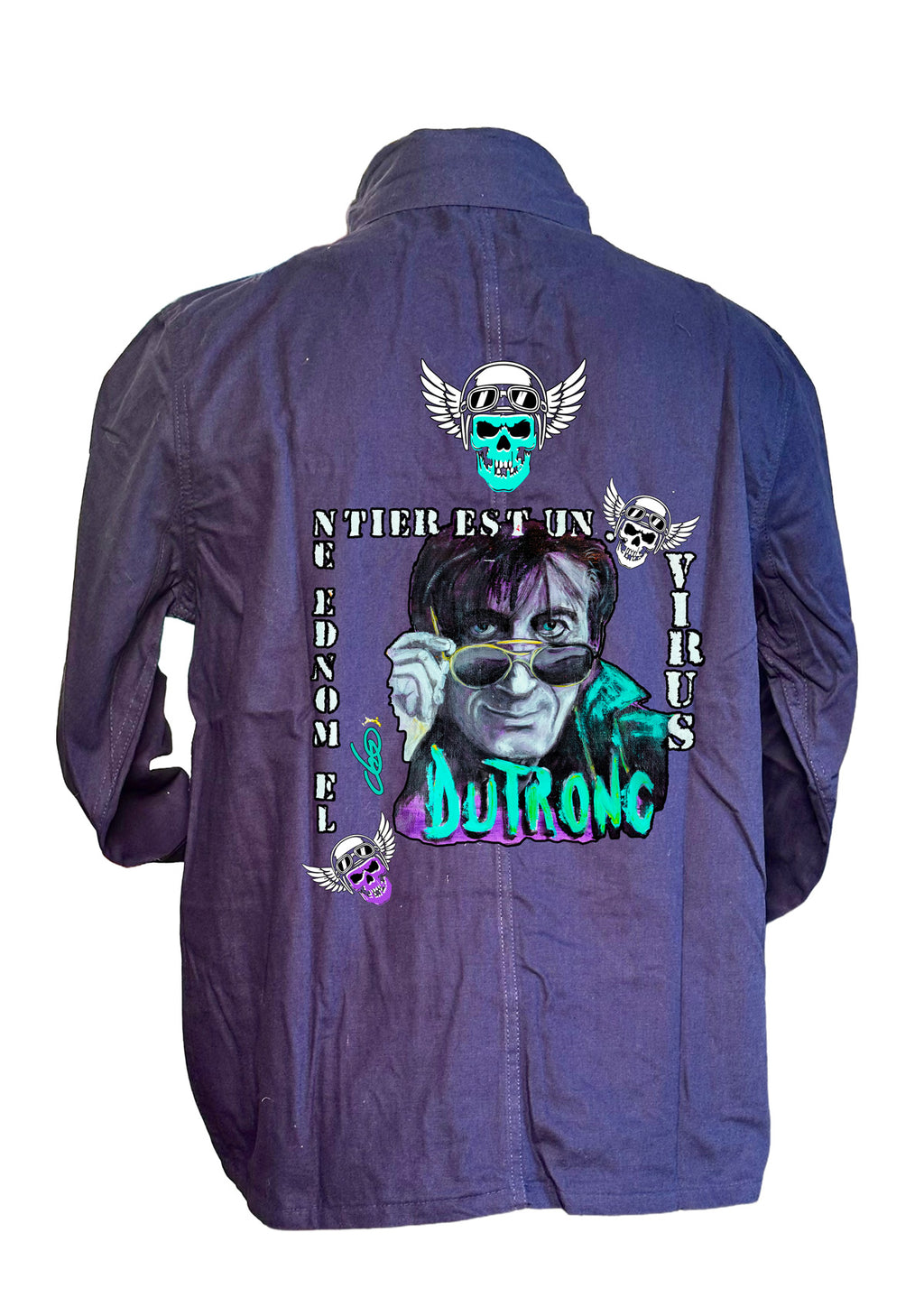 Veste Jacques Dutronc Le Monde Entier Est Un Virus - Portrait pop art premium créateur français ODS - Skull pilots ailés - Peinture originale imprimée sur textile

