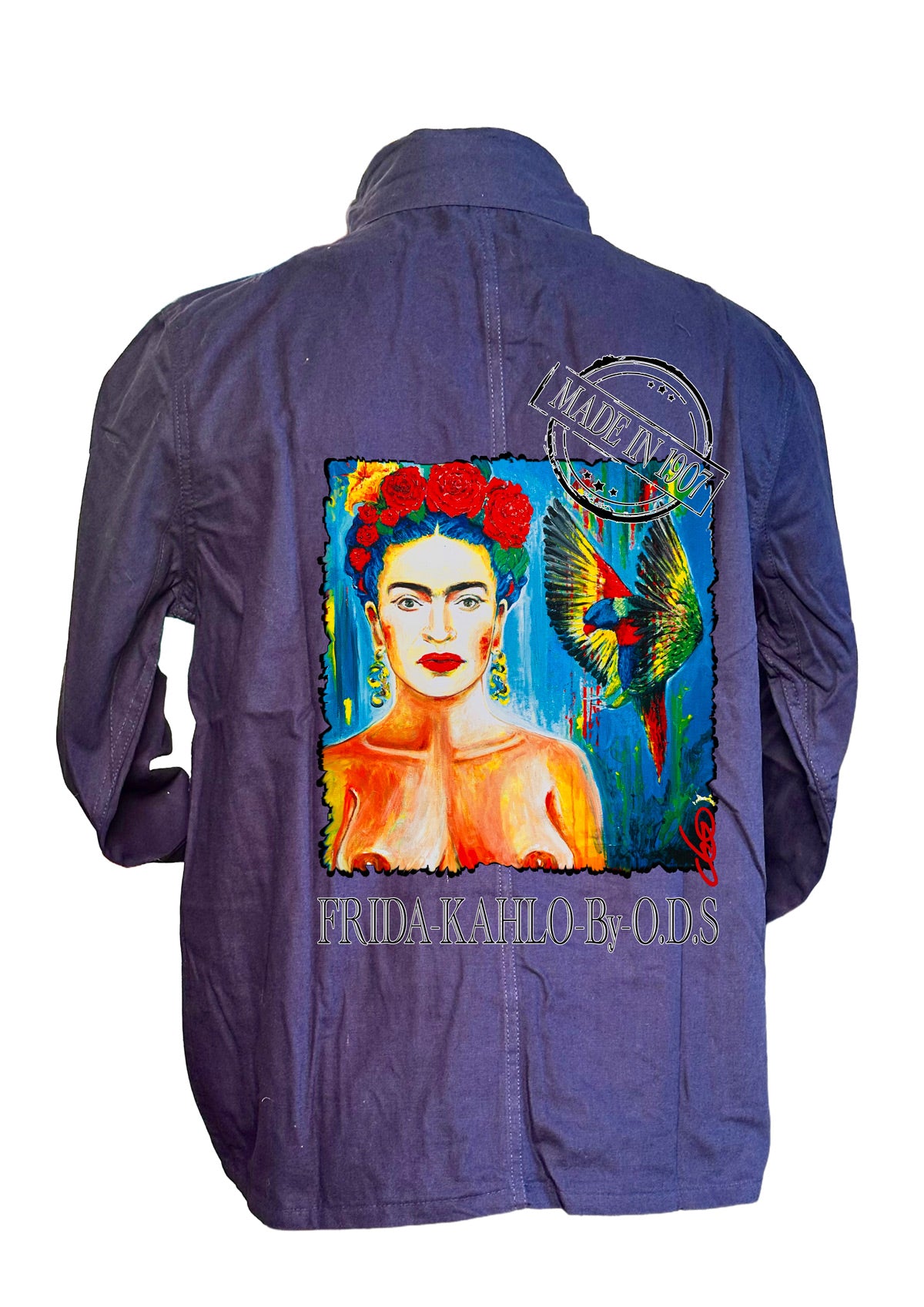 Veste bleu de Chine Frida Kahlo By ODS - Créateur français - Art wearable féministe - O.D.S collection Marseille
