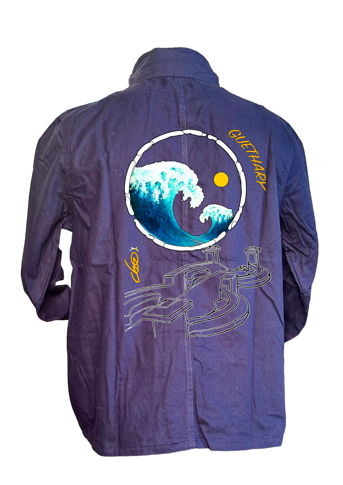 Veste, Guéthary, Surf Basque, Côte Basque, Art surf, Vague océan, Peinture originale de Ondine O.D.S, Créateur français, Art wearable, Portrait artistique
