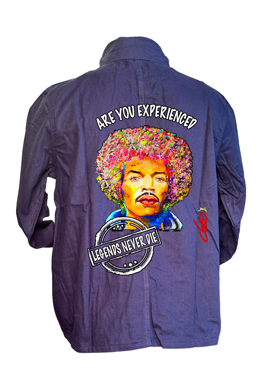 Veste Jimi Hendrix Are You Experienced - Portrait pop art premium créateur français ODS - Afro psychédélique multicolore - Peinture originale imprimée sur textile
