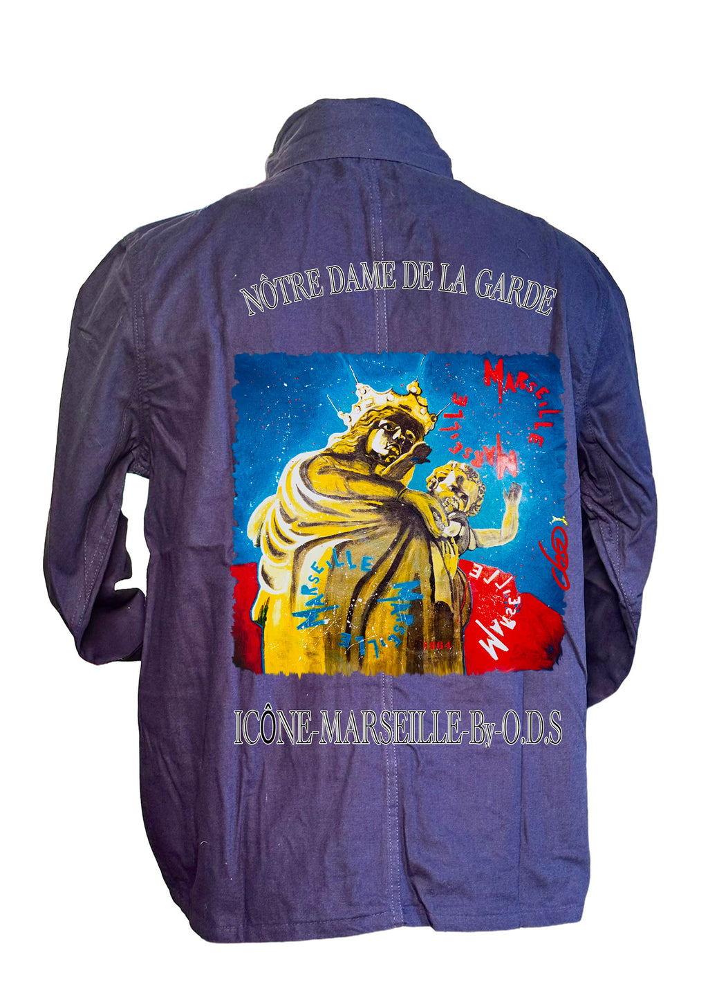 Veste Notre-Dame de la Garde Marseille Bleu de Chine - Icône Marseillaise Bonne Mère - Peinture originale artiste français O.D.S - Art urbain Marseille

