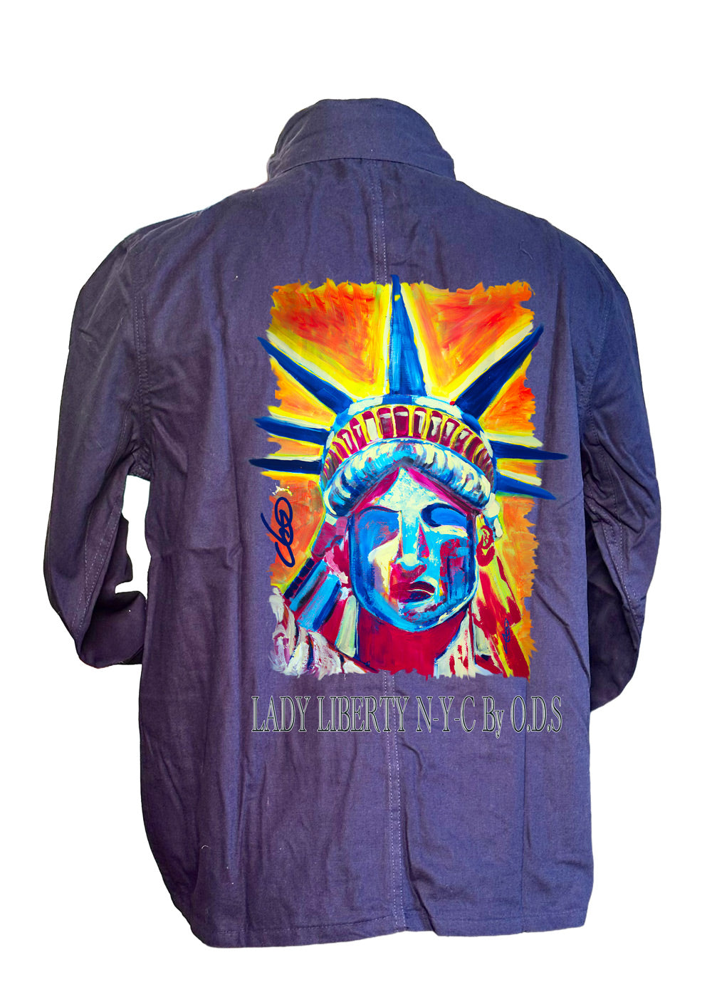 "Veste Bleu de Chine Lady Liberty N-Y-C By ODS - Statue de la Liberté New York - Peinture originale Ondine"

