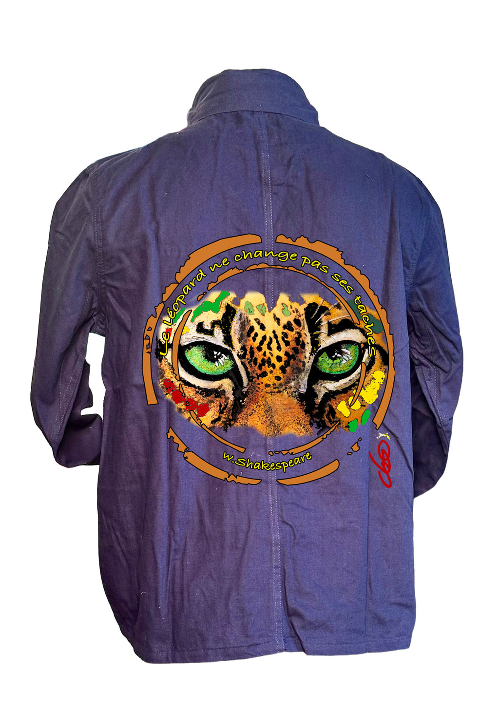 Veste Bleu de Chine Léopard yeux verts Shakespeare - art wearable créateur français Ondine ODS Marseille