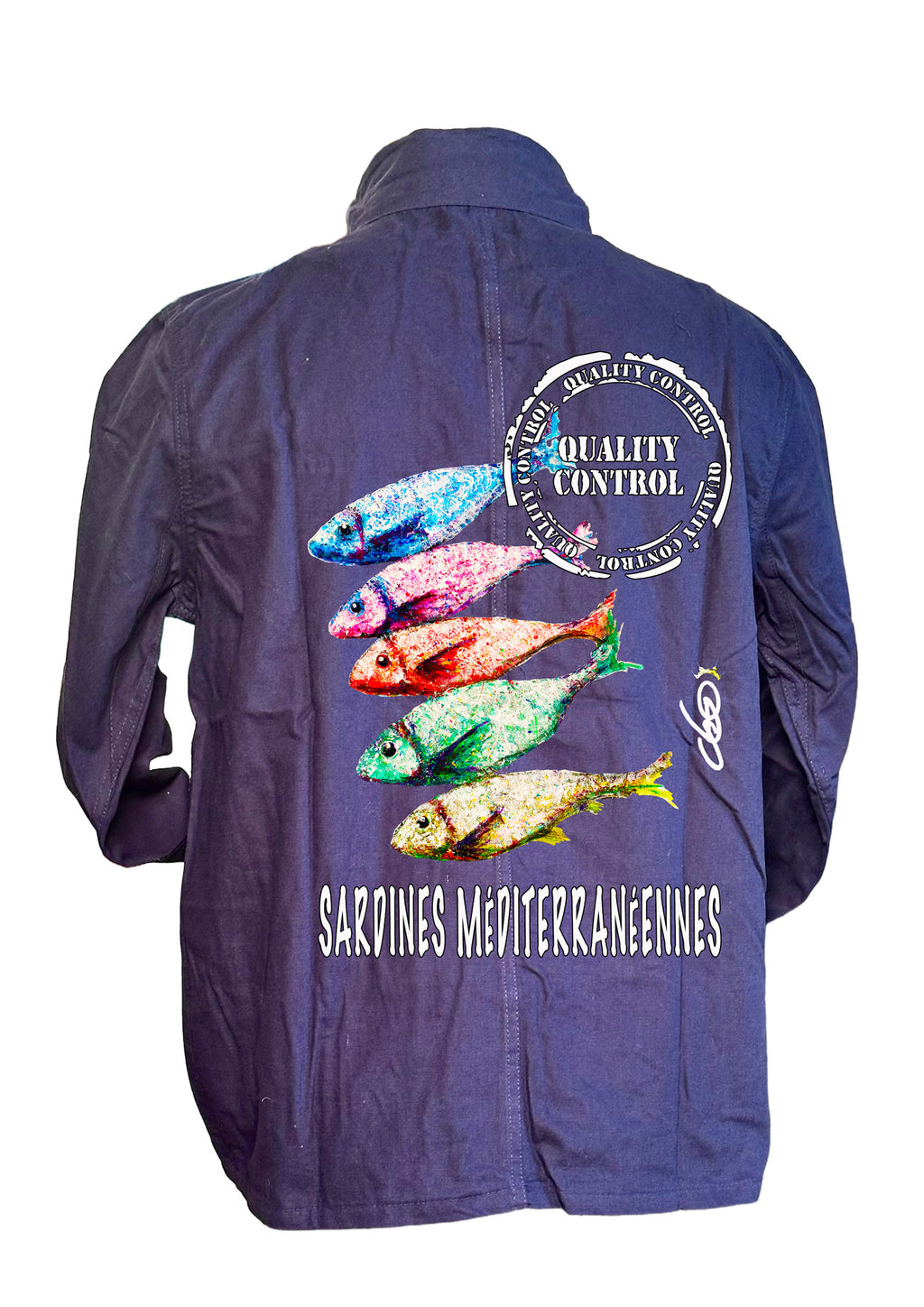Veste bleu de Chine Sardines Méditerranéennes O.D.S collection - Design artistique célébrant les sardines colorées de la côte méditerranéenne, peinture originale d'Ondine imprimée sur textile premium

