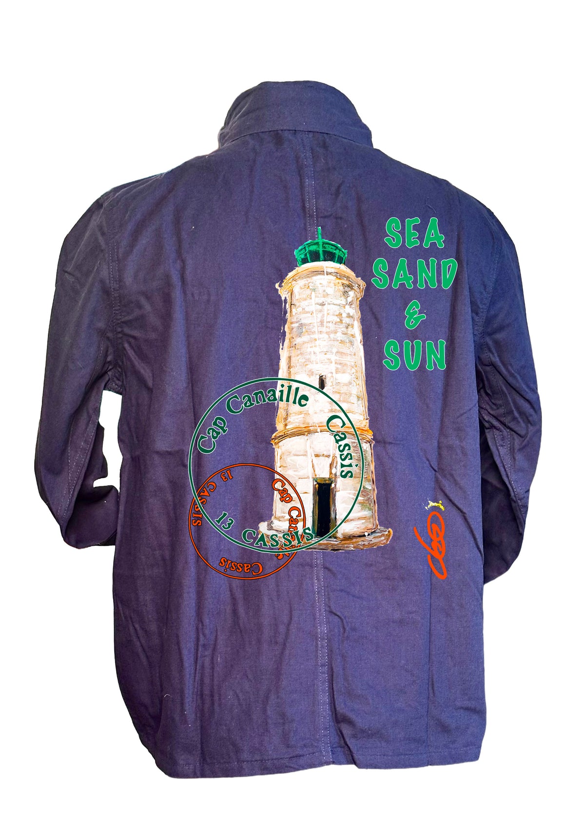Veste Bleu de Chine Phare de Cassis Cap Canaille Sea Sand Sun - Peinture originale Ondine Devis Steinmetz ODS® - Cadeau souvenir Cassis art wearable