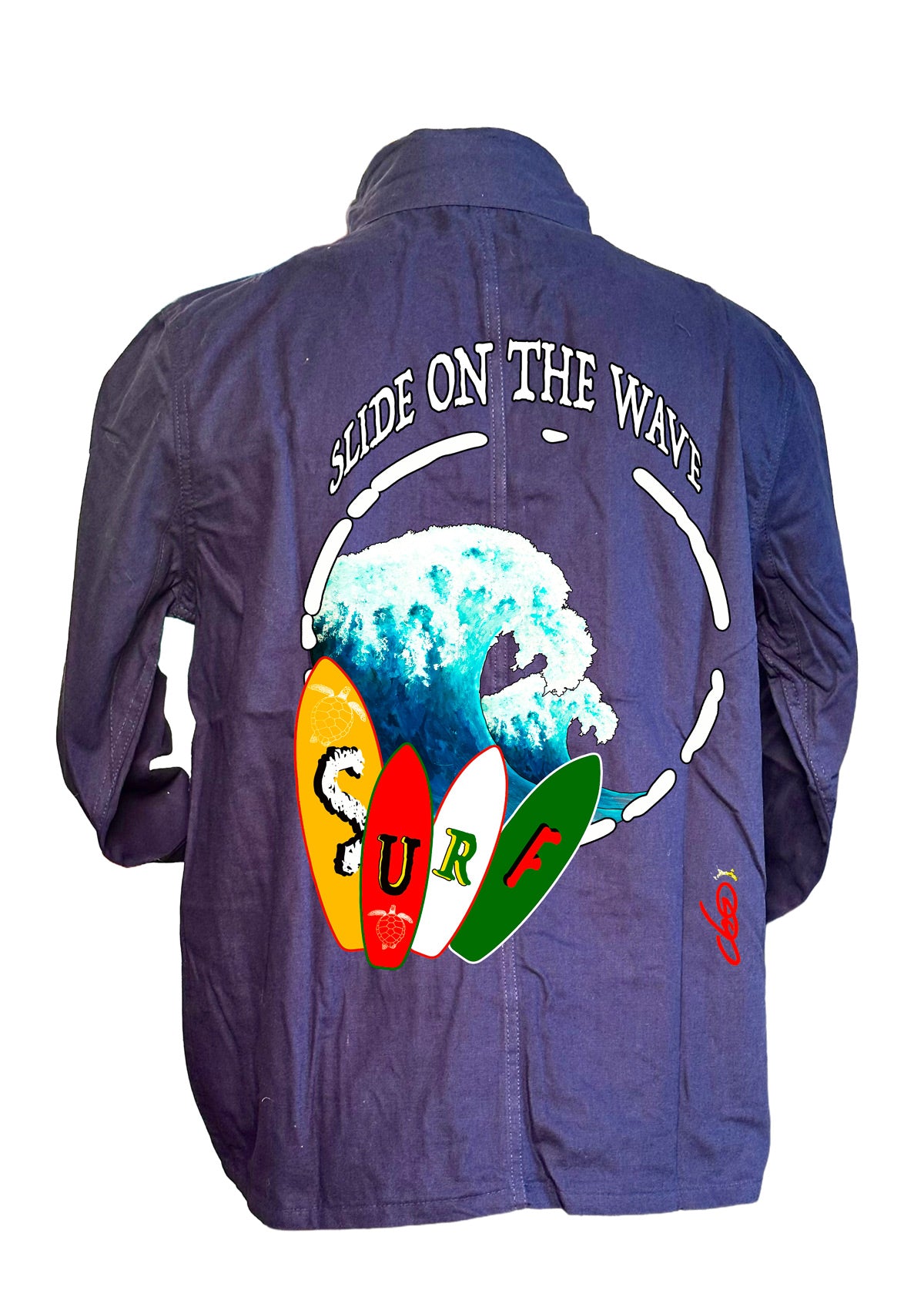 Veste surf Slide on the Wave - Pays Basque - Guéthary Biarritz Hossegor - Peinture originale artiste Ondine - Art wearable créateur français - veste surfeur - Vague turquoise planches colorées - Cadeau surfeur océan - Jacket surf art - Création française Pays Basque

