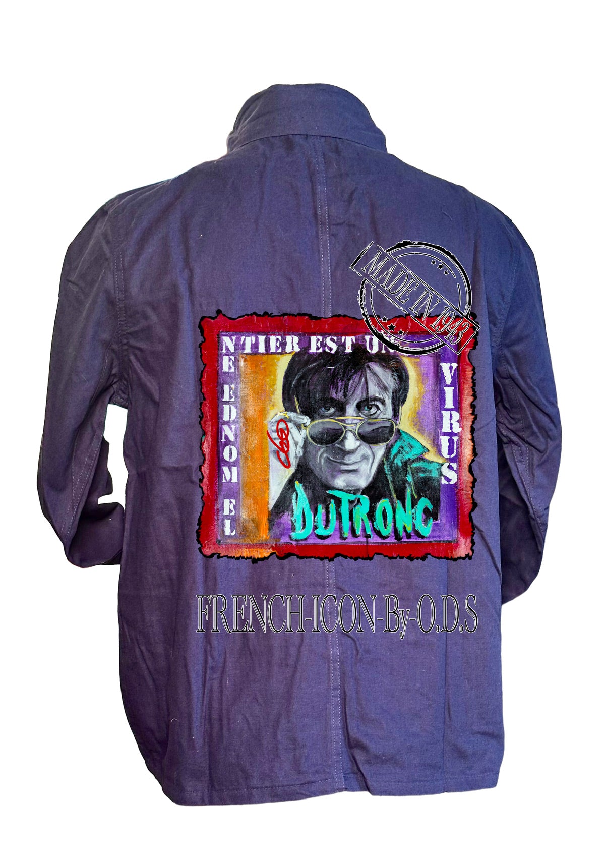 Veste bleu de Chine Dutronc Tableau Pop Art - Créateur français ODS - Art wearable Jacques Dutronc - O.D.S collection Marseille
