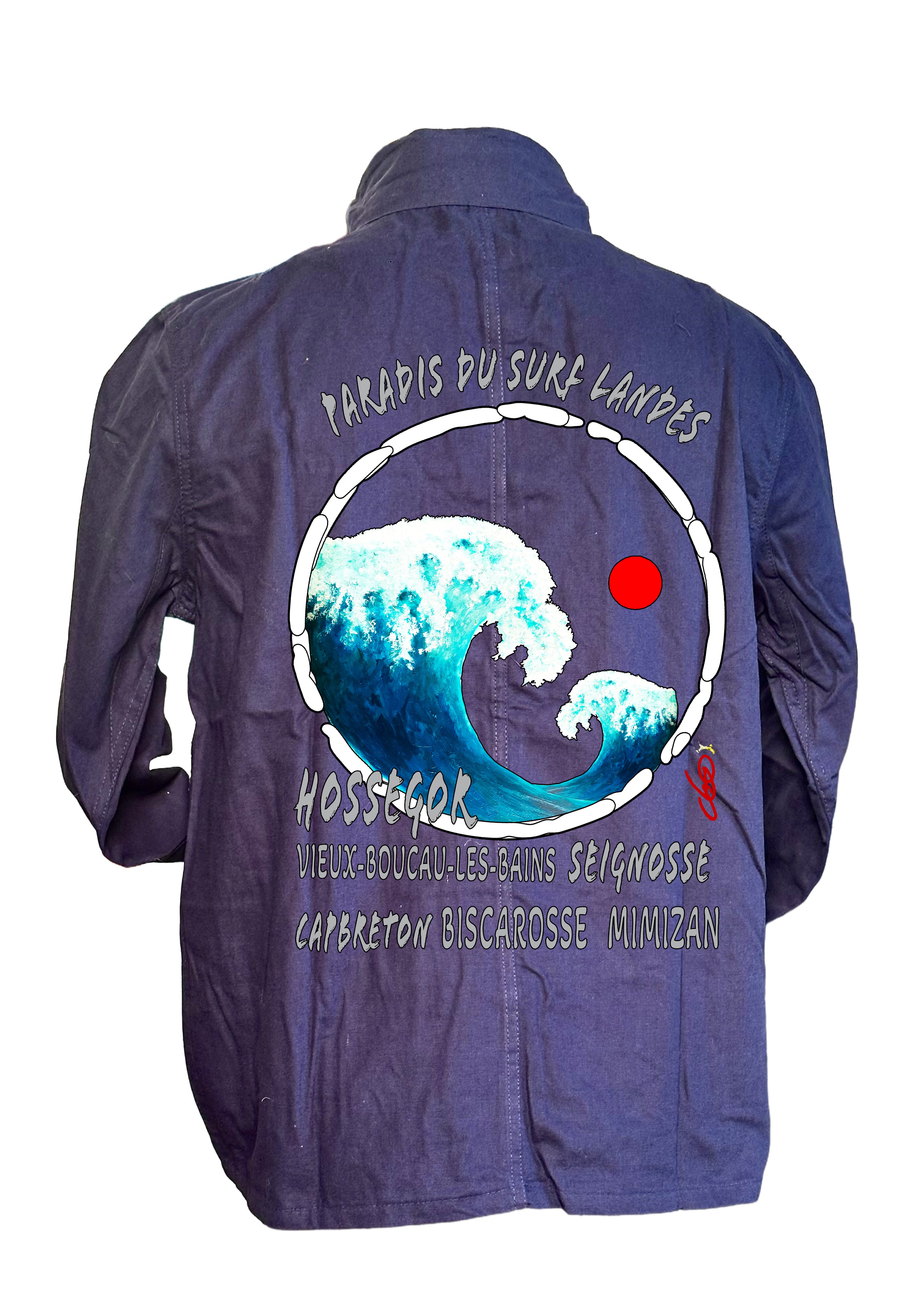 Veste Paradis du Surf Landes O.D.S collection - Design artistique inspiré de la Grande Vague de Hokusai et des spots de surf Hossegor Capbreton Seignosse, peinture originale d'Ondine imprimée sur textile premium
