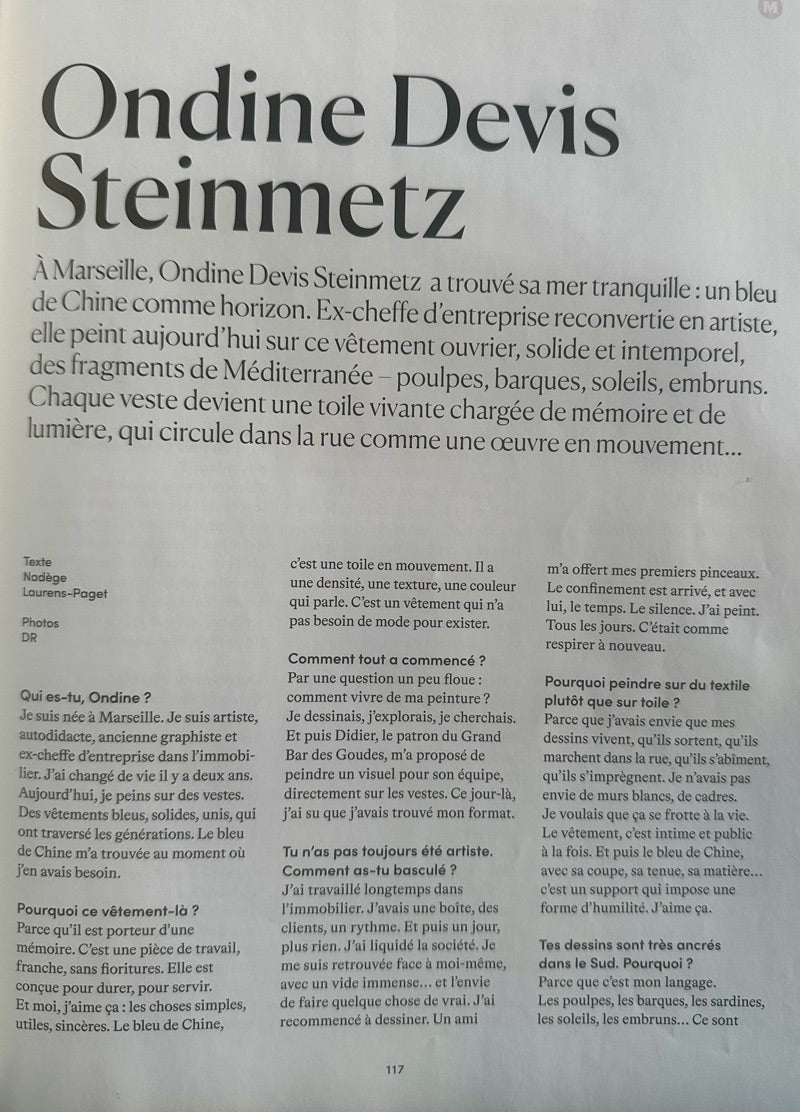 Ondine Devis Steinmetz Vivre Marseille Magazine - Artiste peintre Bleu de Chine O.D.S Collection Marseille art wearable
