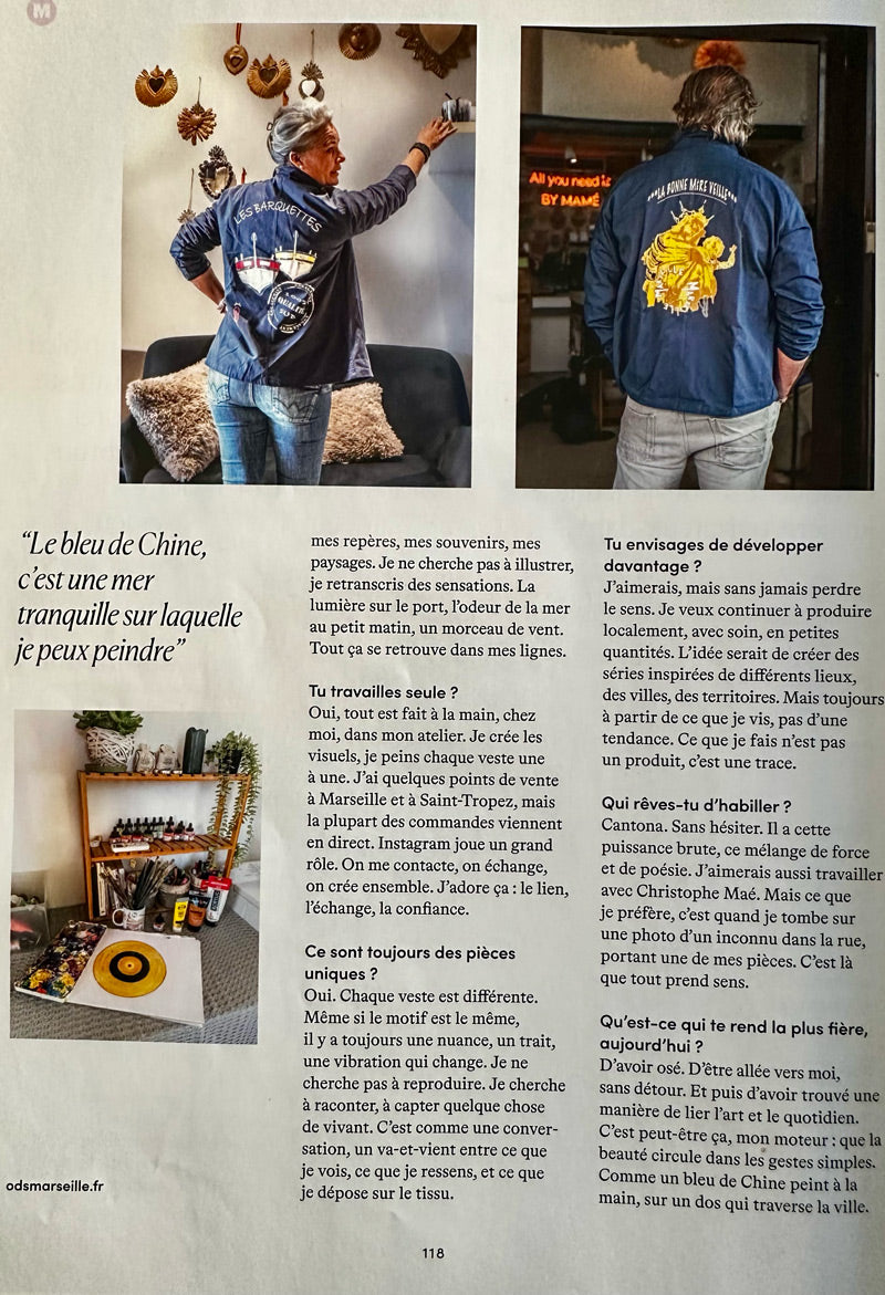 O.D.S Collection Vivre Marseille Magazine - Vestes Bleu de Chine art wearable Marseille Barquettes Sardines peinture originale
