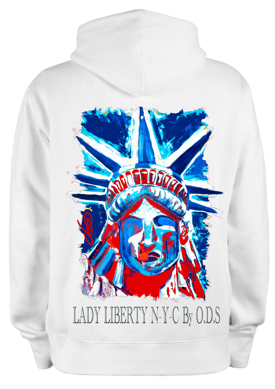 Sweat Statue de la Liberté N-Y-C New York bleu blanc rouge - Œuvre peinte par Ondine Devis Steinmetz - Créateur français O.D.S Collection