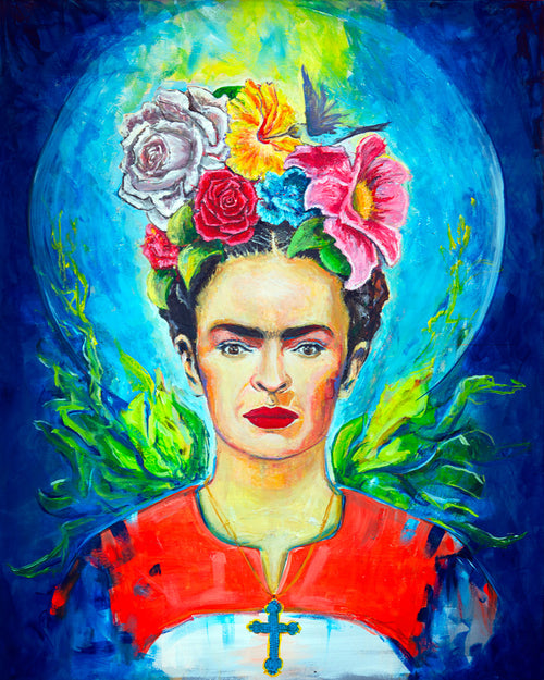 Tableau original Frida Kahlo peint par Ondine Devis Steinmetz - Peinture acrylique portrait féministe mexicain O.D.S Collection avant impression textile
