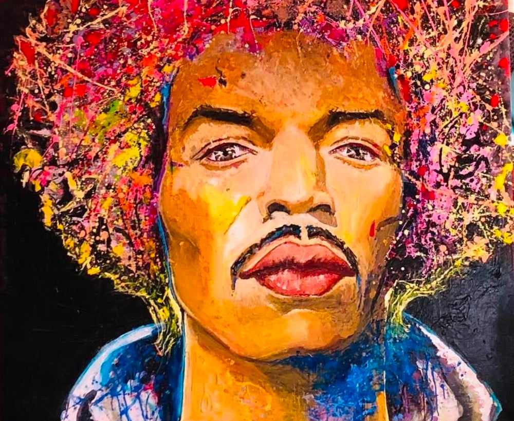 Tableau original Jimi Hendrix peint par Ondine Devis Steinmetz - Peinture acrylique portrait psychédélique rock O.D.S Collection avant impression textile
