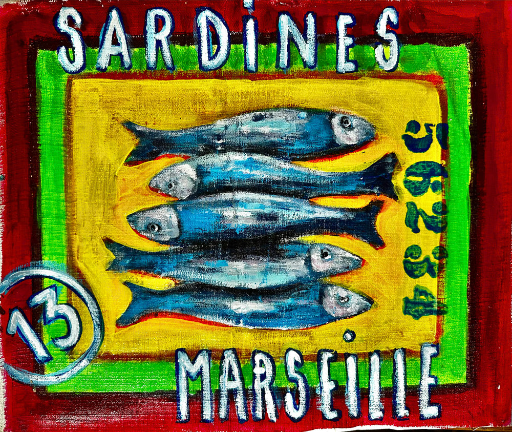 Tableau original Timbre Sardine 13 Marseille peint par l'artiste Ondine Devis Steinmetz - Peinture acrylique sur toile - Art marseillais O.D.S Collection
