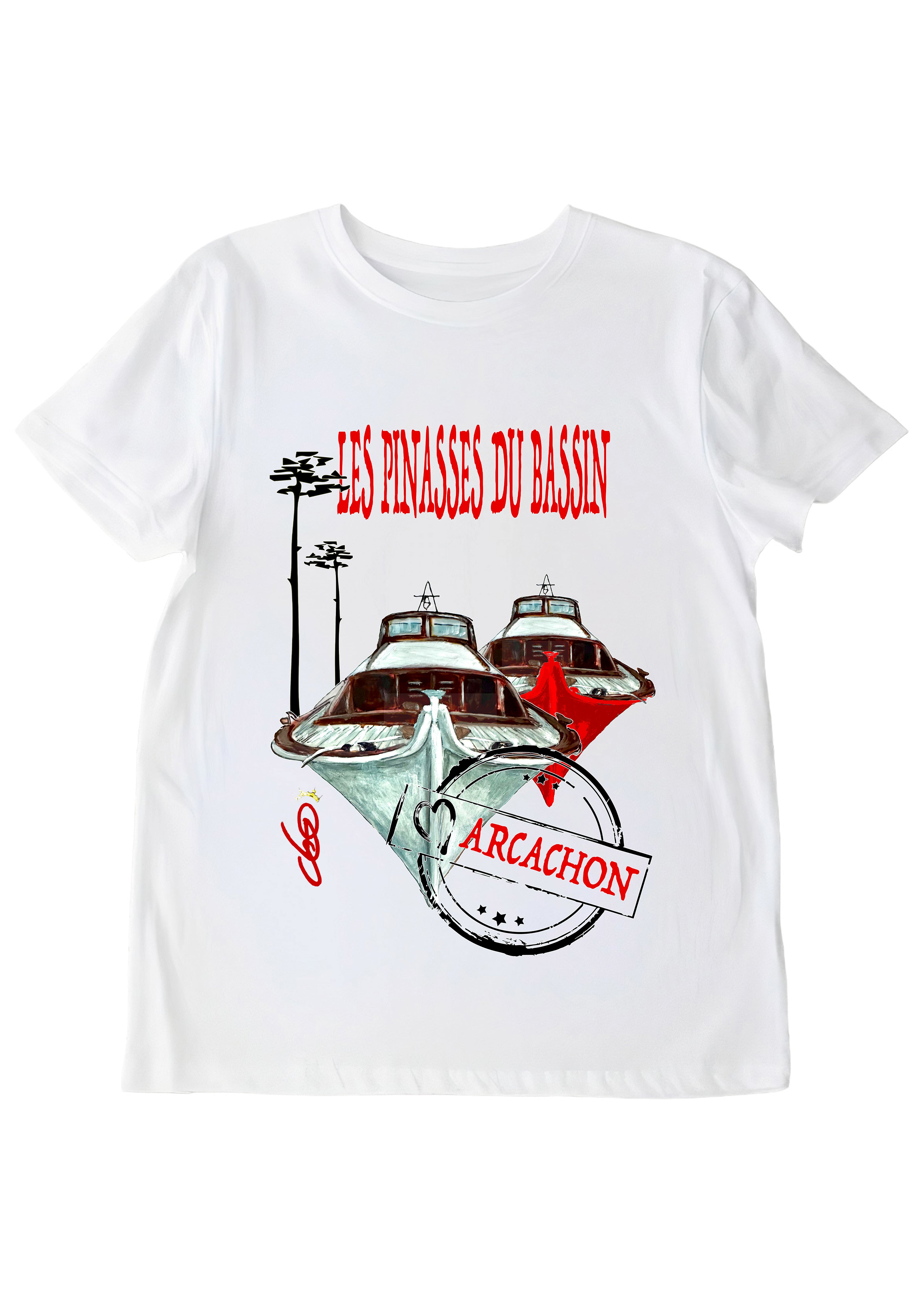 T-shirt Pinasse O.D.S collection - Design artistique inspiré du Bassin d'Arcachon, peinture originale d'Ondine imprimée sur textile premium