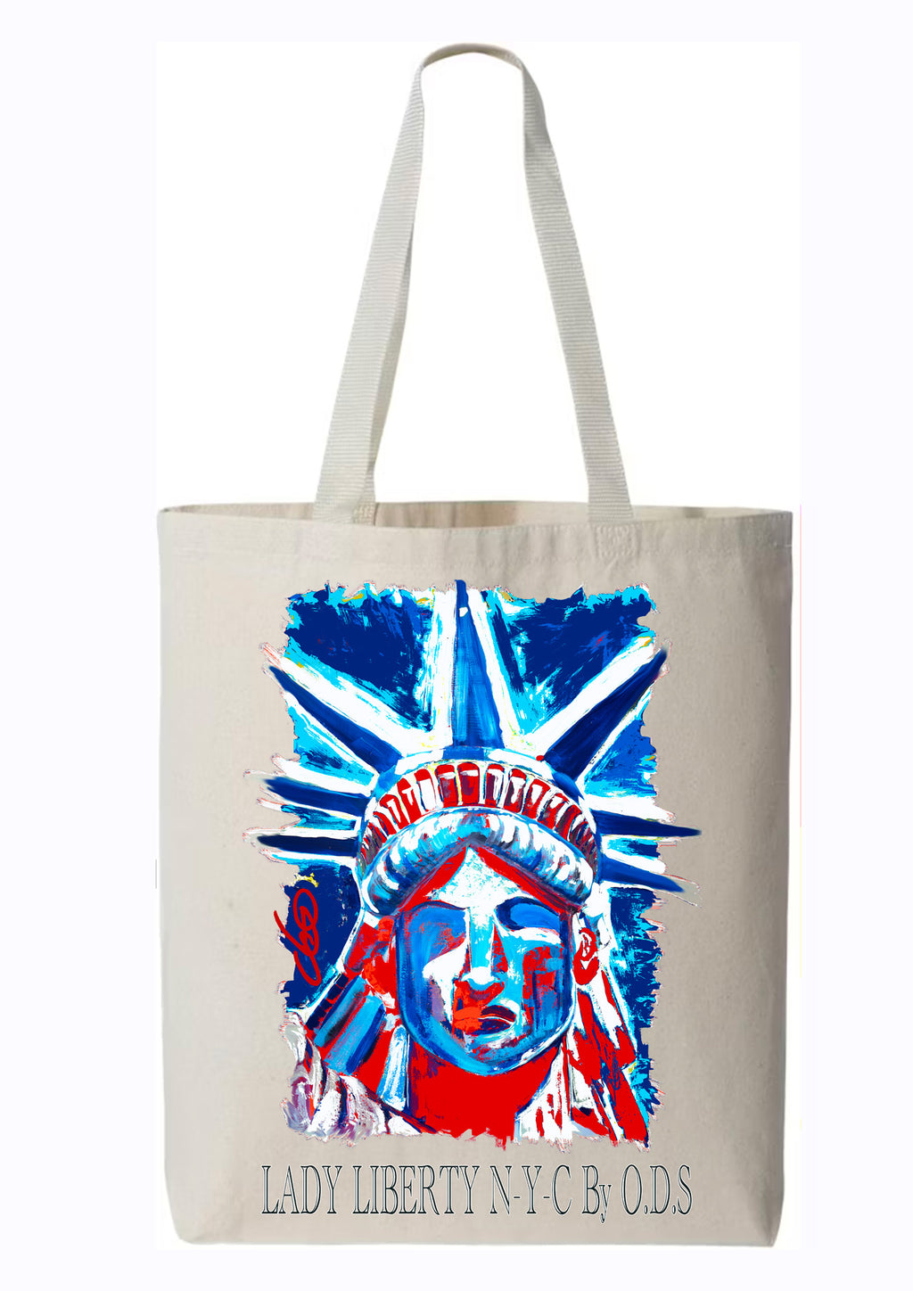  Totebag Statue de la Liberté N-Y-C New York bleu blanc rouge - Œuvre peinte par Ondine Devis Steinmetz - Créateur français O.D.S Collection