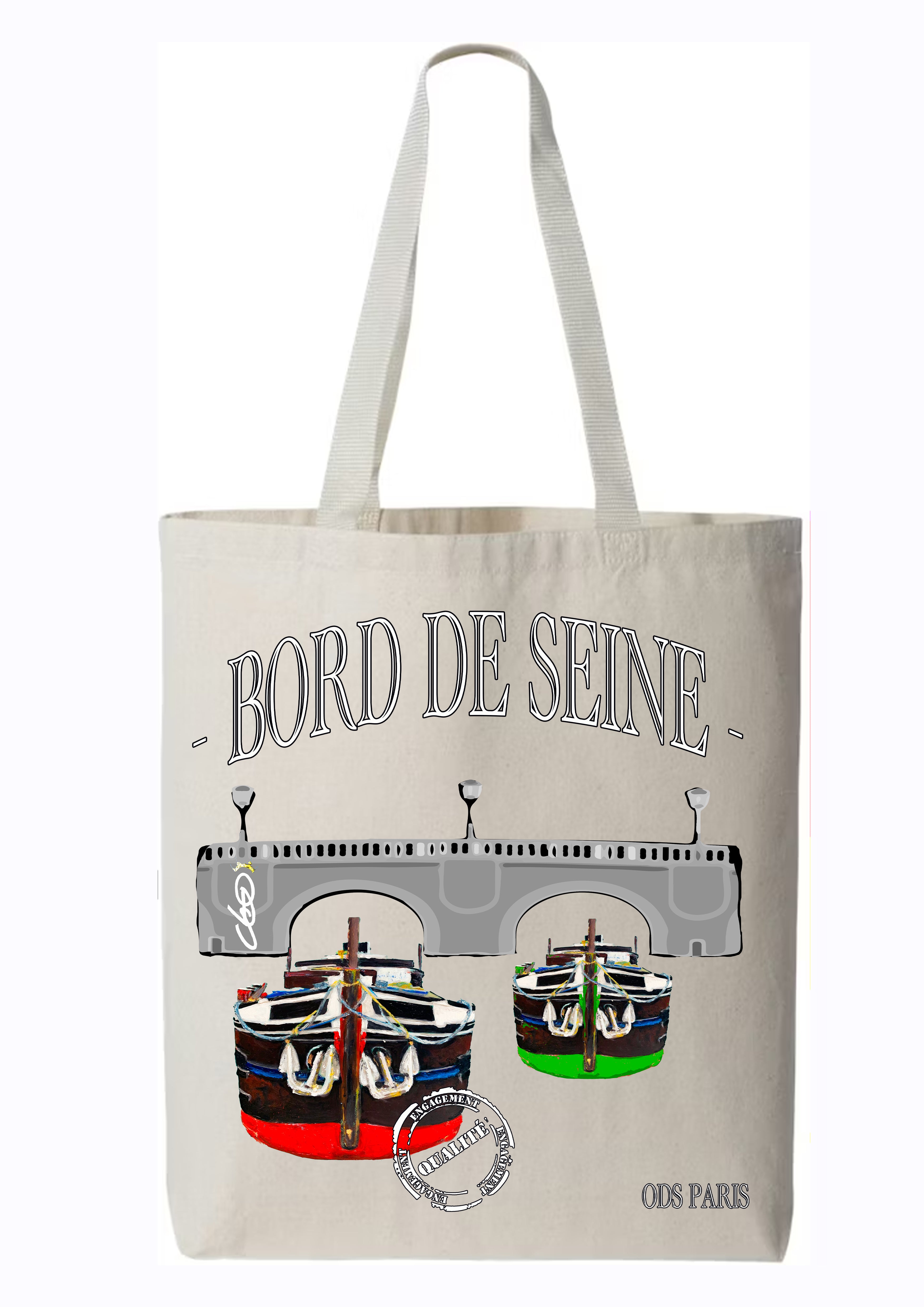 Totebag Bord de Seine Paris - Design original peint à la main par l'artiste Ondine - Création française exclusive imprimée sur coton premium 150gsm - Cadeau souvenir Paris
