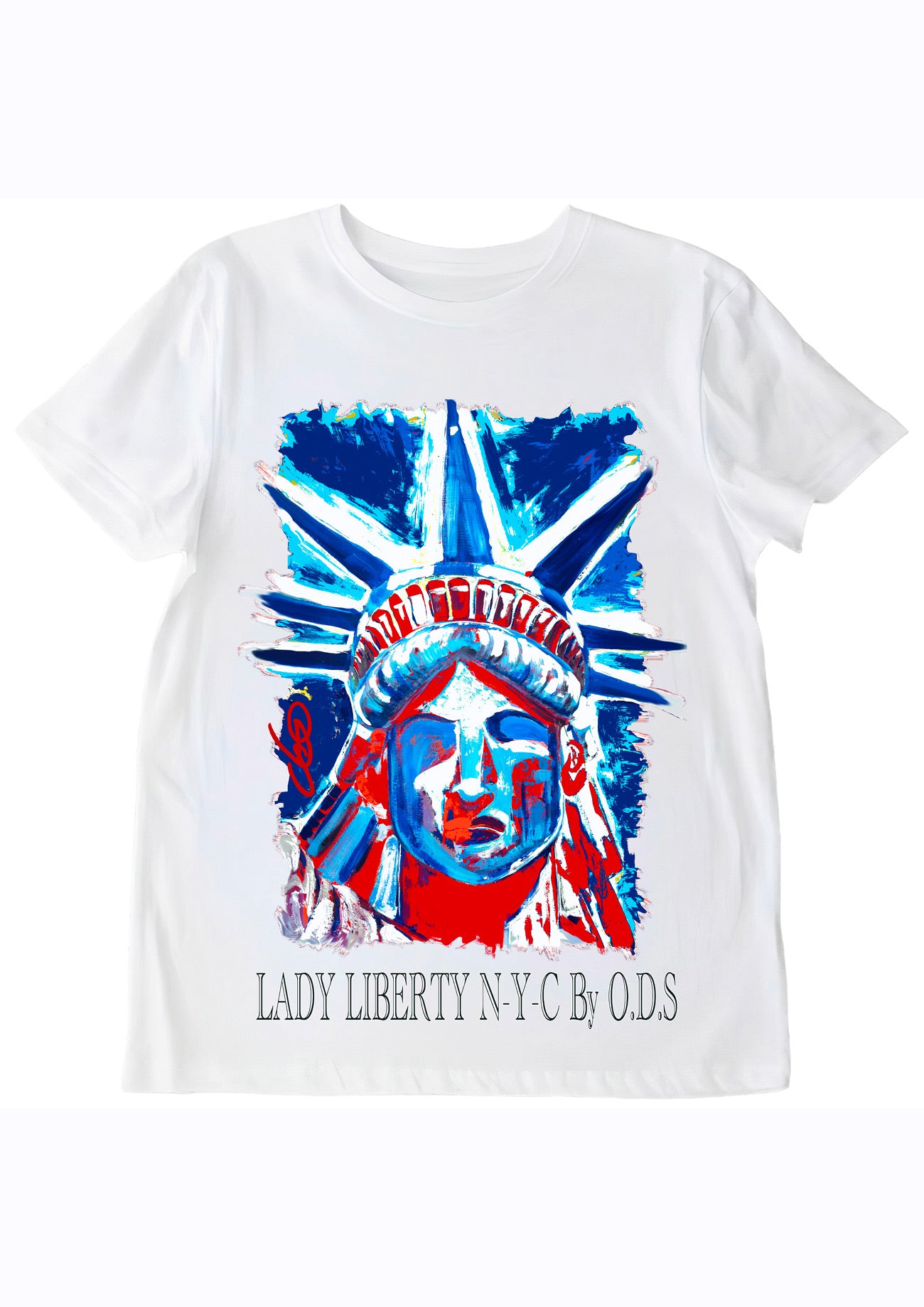 T-shirt Statue de la Liberté N-Y-C New York bleu blanc rouge - Œuvre peinte par Ondine Devis Steinmetz - Créateur français O.D.S Collection