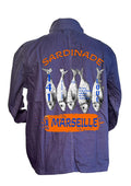 Veste Bleu de Chine Sardinade Marseille O.D.S collection - Design artistique inspiré de la tradition marseillaise, peinture originale d'Ondine imprimée sur veste iconique
