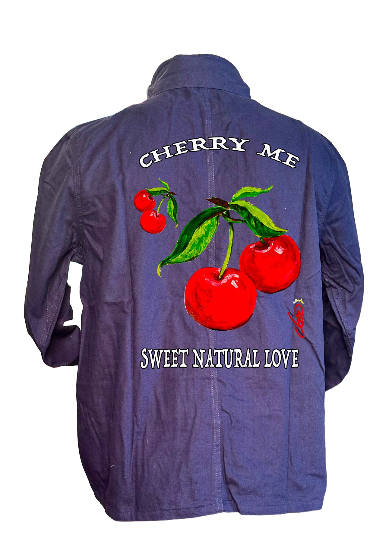 Veste, Cherry Me, Cerises, Art pop, Fruits pop art, Peinture cerises, Peinture originale de Ondine O.D.S, Créateur français, Art wearable, Portrait artistique
