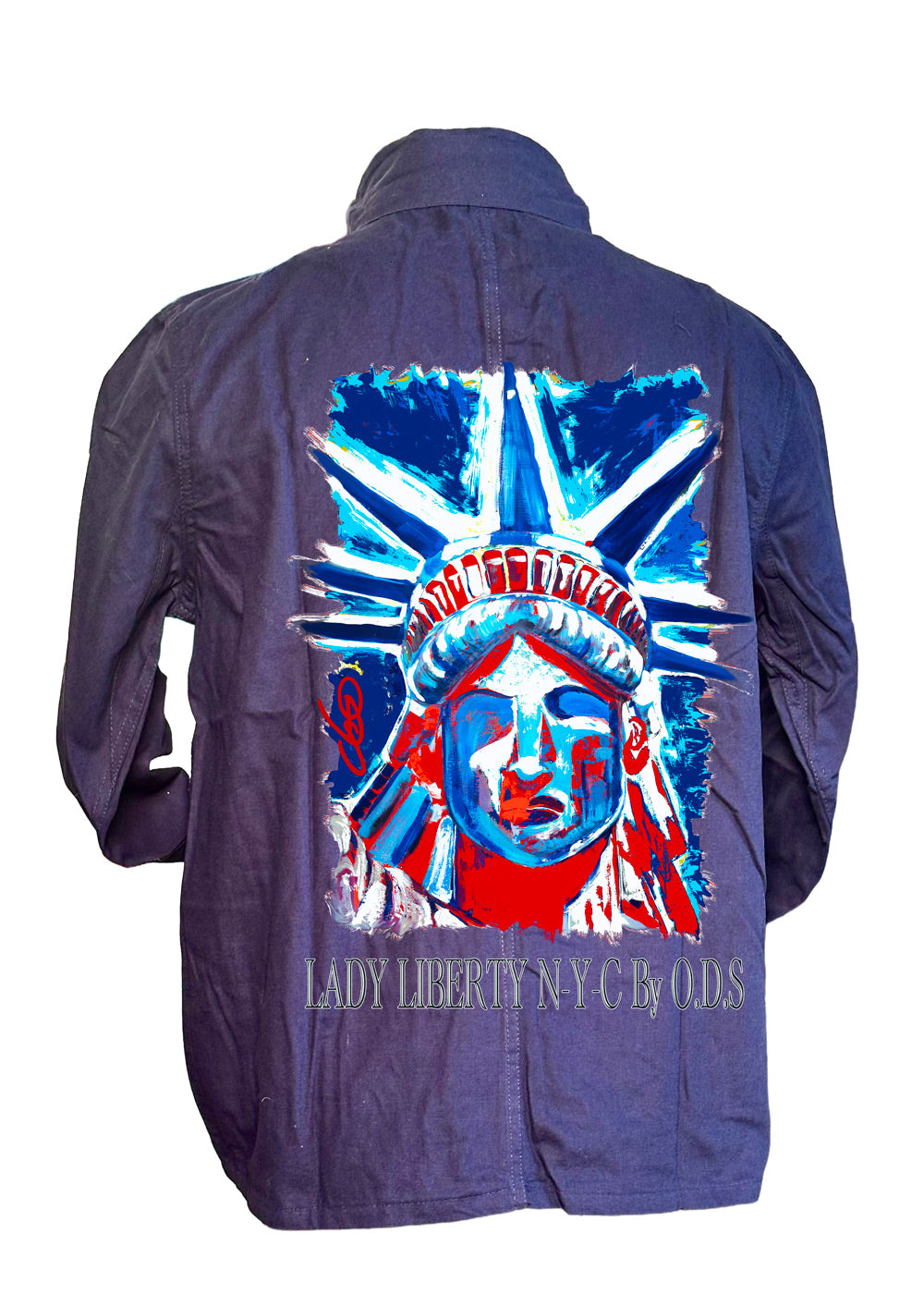  Veste bleu de Chine - Statue de la Liberté N-Y-C New York bleu blanc rouge - Œuvre peinte par Ondine Devis Steinmetz - Créateur français O.D.S Collection