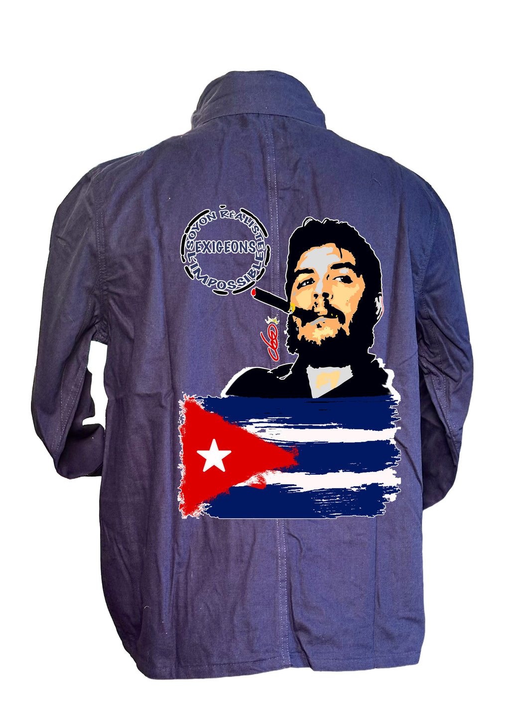 Veste Bleu de Chine El Che avec design original créé par artiste peintre graphiste Ondine française - Imprimé en France