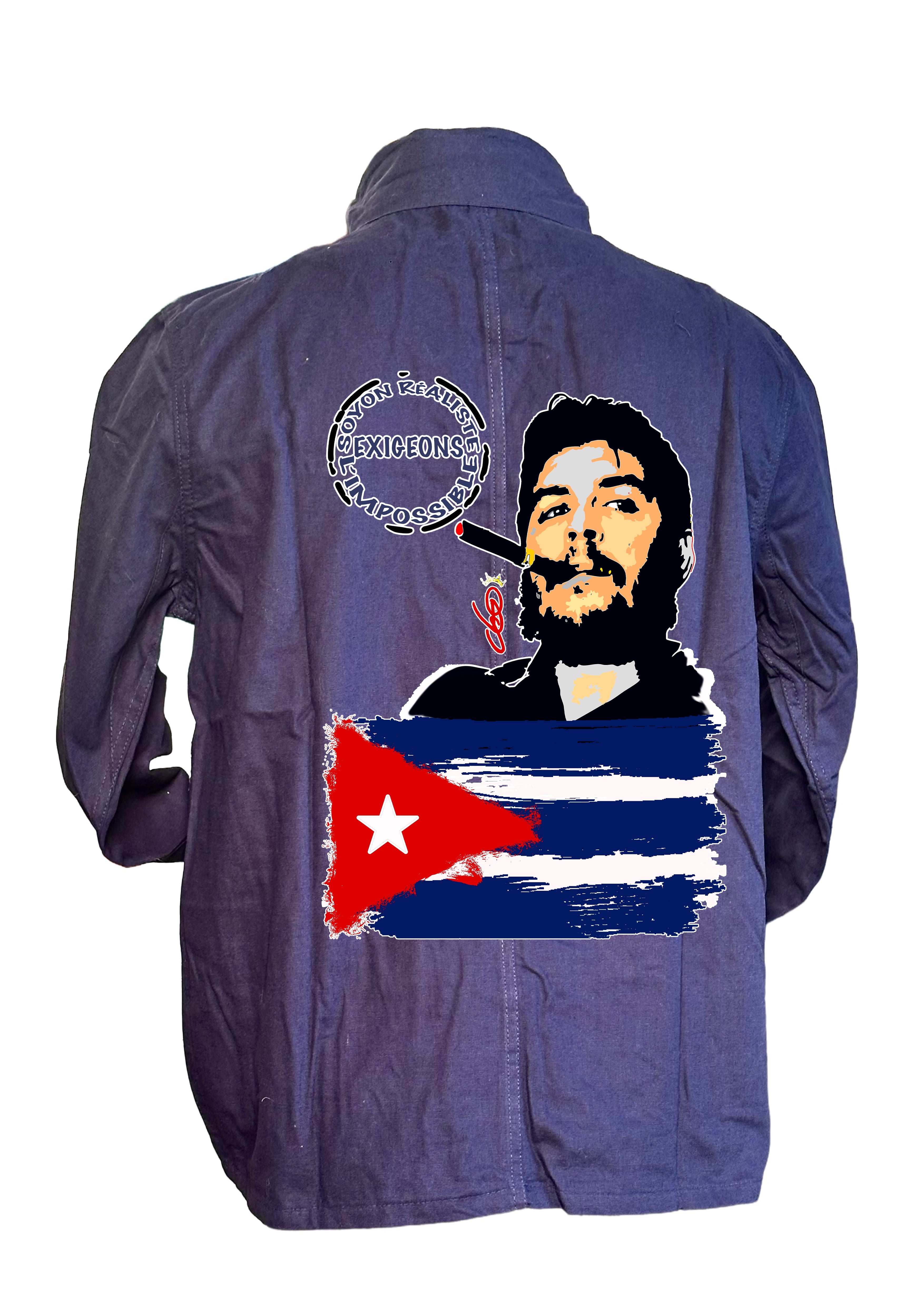 Veste Bleu de Chine El Che avec design original créé par artiste peintre graphiste Ondine française - Imprimé en France